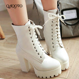 kamames Women Lacing High Heel Ankle Boots Platform Female Boots Shoes Round Toe Ladies Party Shoes Rubber Sole Promotion Black White