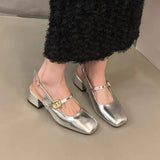 kamames kamames Silver Mary Jane Shoes Women's Shoes 2024 New Summer Temperament Thick Heel Square Head Shallow One Word With Single Shoes
