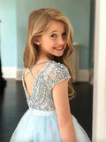 Princess Light Blue Girls Pageant Dresses Jewel Neck Tulle Silver Crystal Beads Short Sleeves Kids Flower Girls Dress Ball Gown Birthday Gowns Floor Length