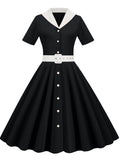 Zingj Solid Shirt Women Dress With Belt Button Hepburn Style Turn Down Collar Swing Dresses Retro Vintage 60s Rockabilly Vestidos