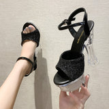 kamames kamames Summer Style With Flower Sequins With Ultra High Heel Transparent Bottom Crystal Thick Heel Women's Singles Shoes Sandal Wedding Bridesmaid Shoes