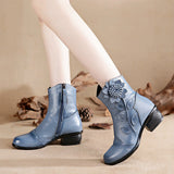 kamames kamames First Layer Of Cowhide Autumn And Winter Low-Heel Martin Boots National Style Leather Flower Women's Boots Middle-Aged Women's Cotton Shoes Direct Sales
