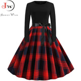 kamames Women Long Sleeve Plaid Print Winter Dress Casual Black Patchwork Vintage Rockabilly Dress Robe Slim Elegant Party vestidos