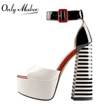 kamames Onlymaker Women's Sandals Platform Peep Toe Chunky Square Heels Ankle Strap Sandals Black And White Stripes Party Fashion Shoes