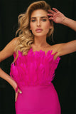 kamames Feather Strapless Midi Bandage Dress - Hot Pink