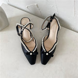 kamames kamames Summer New French Middle Heel Baotou Sandals Women's Thick Heels With Pearl High Heels Fairy Wedding Shoes