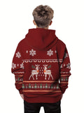 Boys' Festive Christmas Hoodie with Reindeer & Snowflake Print - Cozy Polyester Blend, Long Sleeve Pullover for Fall/Winter