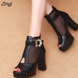 kamames New Fashion Women's Shoes Fish Mouth Sandals Women's High-heeled Mesh Thickened Summer Hollow Mesh Open Toe Solid Color