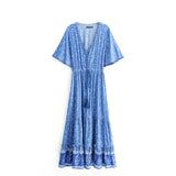 kamames Queens Fashion Women Floral Print V-neck Rayon Cotton Beach Bohemian Dresses Ladies Tassel Summer Boho Maxi Dress