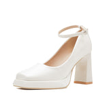 kamames kamames Waterproof Table One Word Button Spring New High Heels Mary Jane Senior Sense Silk Square Head Thick Heel Women's Shoes