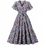 kamames Summer Women Pin Up Flower Print Casual Party Dress Short Sleeve Retro Robe 60s 50s Vintage Rockabilly Swing Dress Vestidos