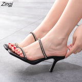 kamames Women's shoes Black square head Rhinestone accessories High-heeled sandals