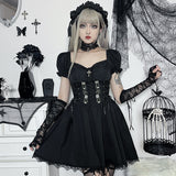 kamames Cross Print Strap Shoulder Lace Spliced Dress Dark Sexy Slim Princess Dress