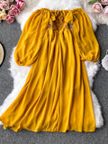 kamames Women Slash Neck Long Sleeve Midi Dress Female Yellow/Red/Pink High Waist Ruffle Big Swing Chiffon Robe Fashion 2023 New