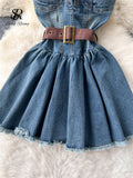 Zingj Fashion Streetwear Denim Dress Spaghetti Strap Cross Lace Up Bow Belt Zipper Pleated Women American Vintage Mini Dress