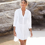 kamames Queens Vintage Women Solid V-neck Long Sleeve Hollow Out Beach Mini Dress Ladies White Boho Dresses Cover-up