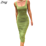 Zingj Women Sexy Sleeveless Solid Color Strapless Fold Dress Summer Bodycon Casual Summer Sundress Brown/Black/Green/Purple