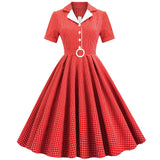 kamames England Style Red Plaid Dress Women Summer Short Sleeves Sashes A-Line Casual Tunic Dress 50s Vintage Midi Party Dresses