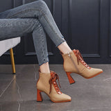 kamames Women High Heel Leather Short Boots Fashion Retro Lace-up Square Toe Heeled Ankle Booties Woman 2022 Spring shoes Botas De Mujer