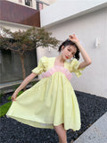 kamames Yellow Puff Sleeve Patchwork Organza Babydoll Dress Korean Fashion Short Sleeve Kawaii Cute Designer Summer Dress Women