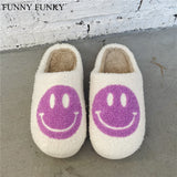 FUNNY FUNKY 2021 Winter Women's Shoes New Purple Happy Face Decor Fluffy Faux Fur Smiley Shoes for Women House Female Slippers