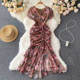 kamames Retro Minority Design Rope Printing V-Collar Jumpsuit Skirt Summer Women's Dress Waist Hip Fishtail Skirt Tide