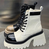 kamames Spring Leather Shoes Women's Dark Bear Ankle Boots Youth Girl Panda Booties Woman Heart Lace Up Low Heels Waterproof Boots