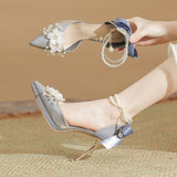 kamames kamames Flower Bow Pearl Chain Waterproof Platform Heel Heels Not Tired Wedding Shoes High Heels