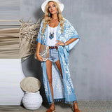 kamames Printed Fringed Long Kimono Dress Bikini Wrap Cover-ups Plus Size Women Summer Clothes Beach Wear Swim Suit Cover Up A1098