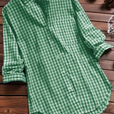 Plus Size Womens Lapel Collar Plaid Gingham Print Casual Long Sleeve Shirt - Soft Non-Stretch Polyester Fabric, Woven Construction, Perfect for Spring and Fall Seasons