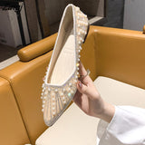 kamames Women Flat Ballet Shoes String Bead Bling Crystal  Pointed Toe Flats Shoes Elegant Lady Shoes Wedding Shoes Size 35-40