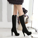 kamames Gray Women Flock Square High Heel Knee High Boots Fashion Platform Zipper Boots Autumn Winter Woman Shoes Brown Wine Red