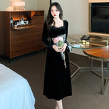 kamames Black Long Sleeve Velvet Midi Dresses for Women 2023 Autumn Winter New Korean Elegant Evening Party Prom Female Clothing