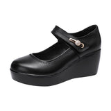 GKTINOO 2021 Spring Leather Shoes Women Platform Wedges Shoe High Heels Round Toe Comfortable Black Women Pumps Large Size 33-43