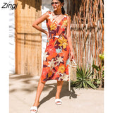 kamames PETAL Orange Floral Tie Shoulder Midi Dress For Woman Sexy V-neck Backless Holiday Beach Dress 2023 Summer Female Sundress