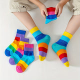 10 Pairs Of Kid's Fashion Rainbow Color Pattern Crew Socks, Comfy Breathable Soft Socks For All Seasons Wearing