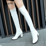kamames Fashion Knee High Boots Women's Winter Boots Thick High Heel Stretc Long Boots Slip On Autumn Shoes Woman Black White