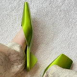 Slippers Green Satin Low Heel Ladies Summer Square Toe Slip-On Mules Elegant Shoes For Women Designer Pumps Zapatos De Mujer