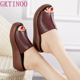 GKTINOO Women Slipper's 2021 Ladies Summer Slippers Shoes Women Wedges Heels Fashion Summer Genuine Leather Shoes Platform