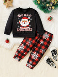 Boys' Festive Christmas Outfit Set - Cute Santa Print Long Sleeve Top & Red Plaid Snowflake Pants, Machine Washable, Perfect for Outdoor