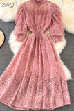 kamames Women Lace Dress Spring Summer Elegant Stand Collar Puff Sleeve High Waist Party Vestidos Female Runway Robe 2023 New