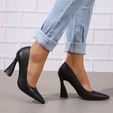 Elegant Slip-On Pointed Toe Pumps - Ultra-High Flared Heel, Chic Faux Leather for Office & Formal Attire