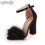 kamames Strap High Heels Faux Fluffy Rabbit Fur Women Sandals 2020 Thick High Heel Party Wedding Summer Lady Shoes