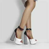 kamames Onlymaker Women's Sandals Platform Peep Toe Chunky Square Heels Ankle Strap Sandals Black And White Stripes Party Fashion Shoes