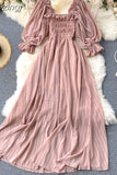 kamames Beach Chiffon Long Dress Elegant Solid Lantern Sleeve High Waist Women Maxi Dress Party Club Ladies Vestidos 2023 New