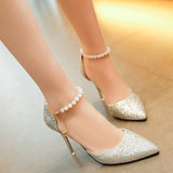 kamames Women Summer 2024 New Korean Version Of The Pearl One-Word Buckle Pointed Sexy Stiletto High-Heeled Shoes