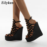 kamames Roman Platform Wedge Women Sandals Fashion Hollow PU Leather Peep Toe Ankle Buckle Strap High Heels Dress Ladies Shoes