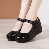 kamames Heel Slope Thick Soles Round Head Shallow Mouth Single Shoes Soft Soles Comfortable Leisure Middle-Aged Mother Shoes Large Size Small Leather Shoes