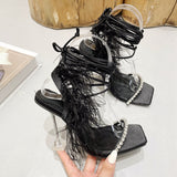 kamames 2024 New Catwalk Style Square-Headed Women's Shoes Diamond Feather With Summer