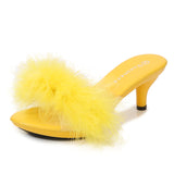 kamames Solid Color Feather Fairy Slippers Summer Transparent Sandals Thin High Heels Sexy Fur Crystal 6cm Low Heel Derss Women Shoes